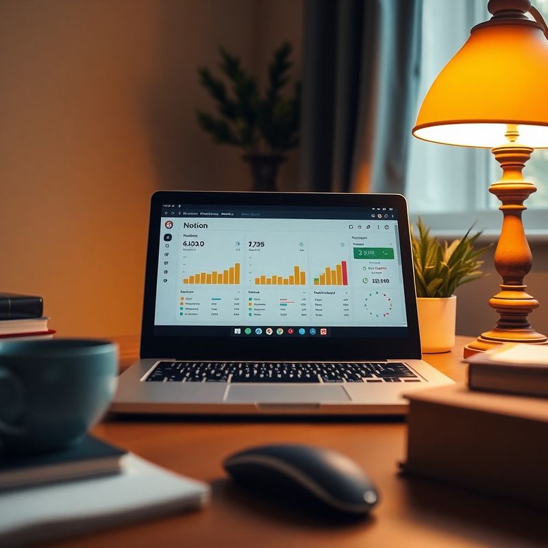 Detail Notion dashboardu na laptopu v terakotovém světle